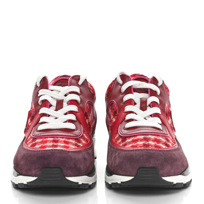 Chanel Wool Tweed Suede Calfskin Womens CC Sneakers 39 Red White Dark Brown Burgundy 2 of 9