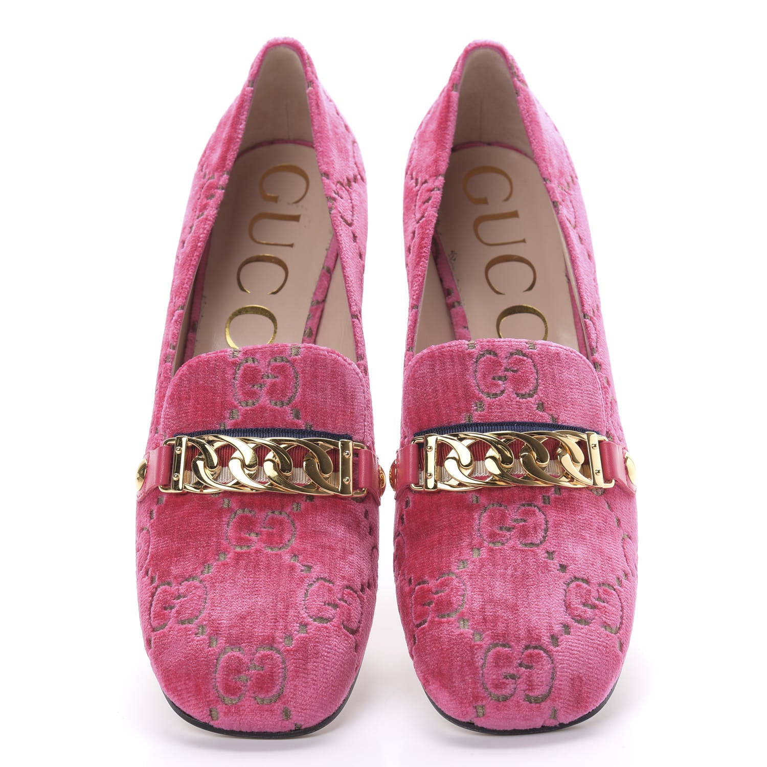 Gucci Velvet GG Monogram Sylvie Web Chain Mid Heel Loafers 40 Bright Pink 5 of 11
