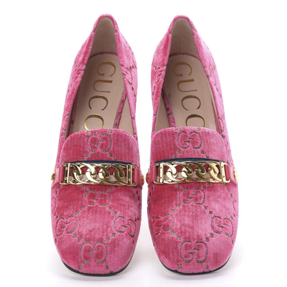Gucci Velvet GG Monogram Sylvie Web Chain Mid Heel Loafers 40 Bright Pink 5 of 11