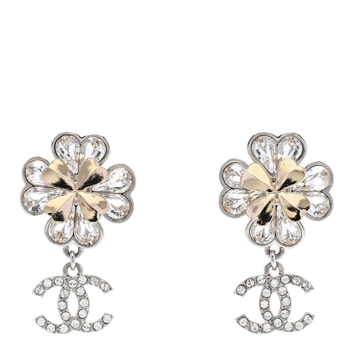 Crystal CC Clover Heart Drop Earrings Silver Gold