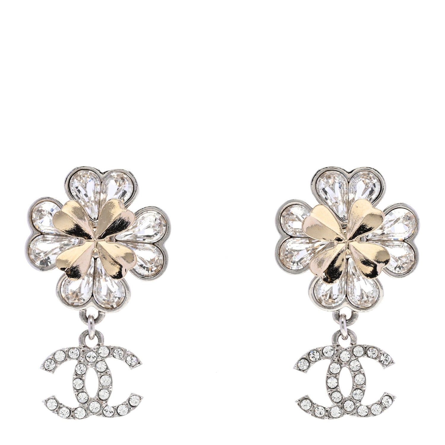 Chanel Crystal CC Clover Heart Drop Earrings Silver Gold 1 of 5