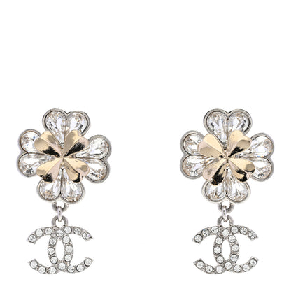 Chanel Crystal CC Clover Heart Drop Earrings Silver Gold 1 of 5