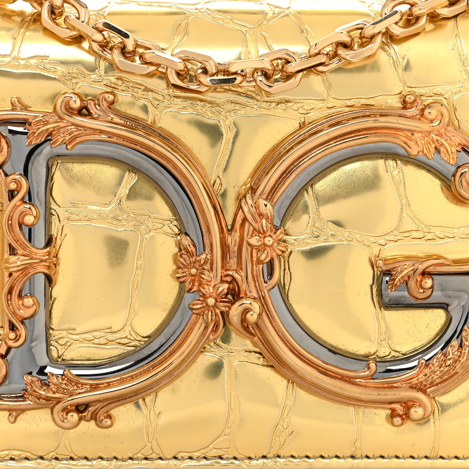 Dolce & Gabbana Metallic Calfskin Crocodile Embossed DG Girls Shoulder Bag Gold 7 of 10