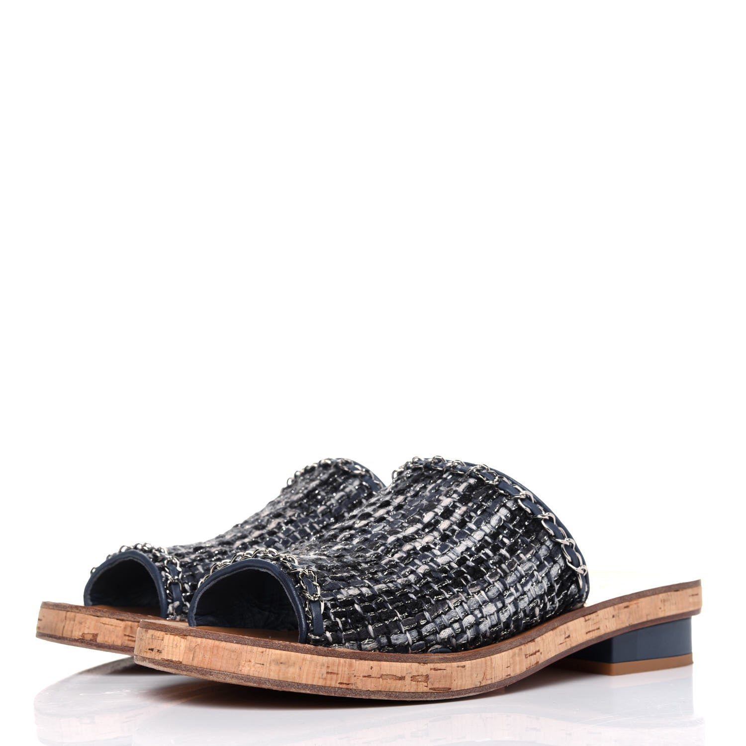 Chanel Cork Tweed Chain Mule Slides 41.5 Blue 3 of 16