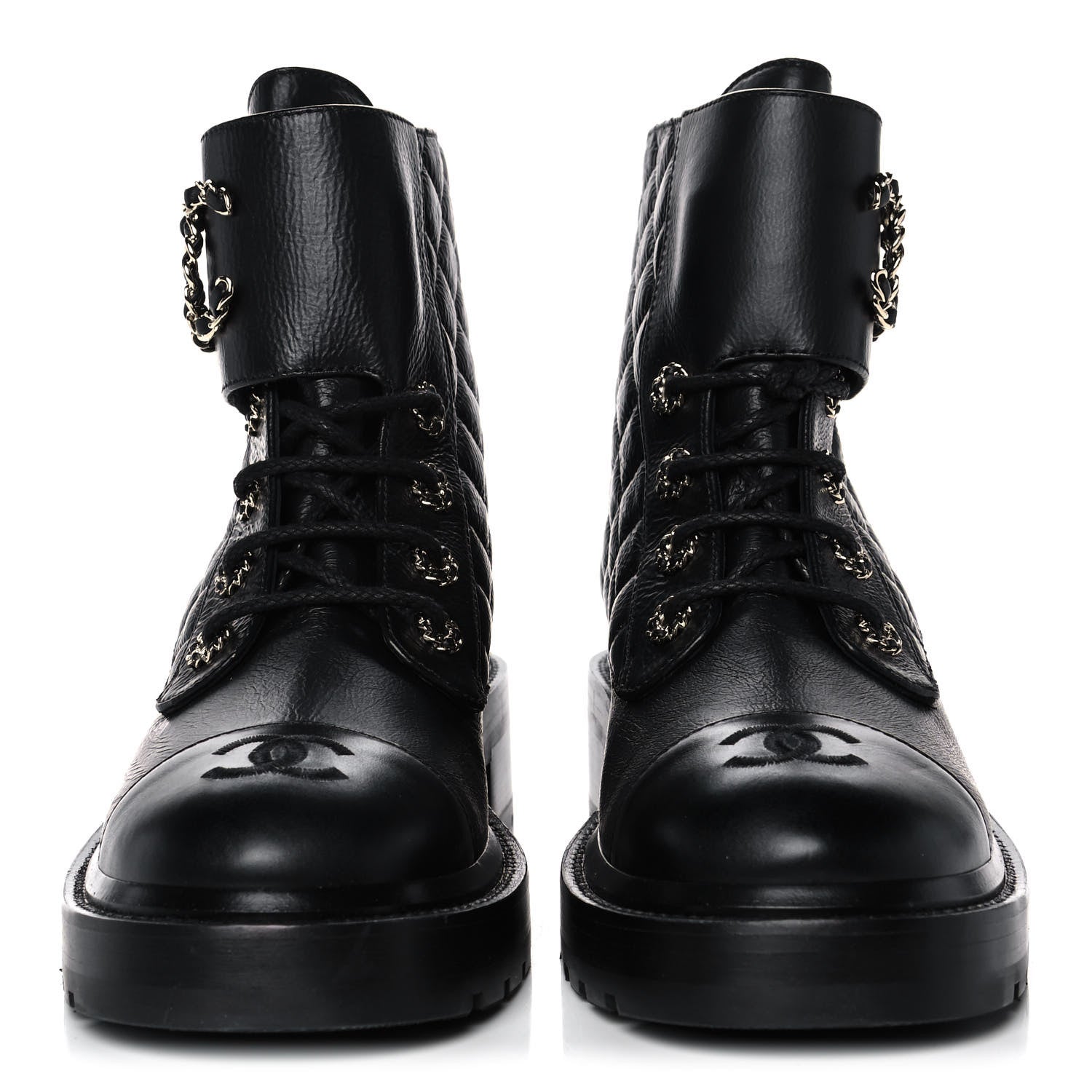 Chanel Shiny Goatskin Calfskin Quilted Lace Up Combat Boots 40 Black 4 of 20