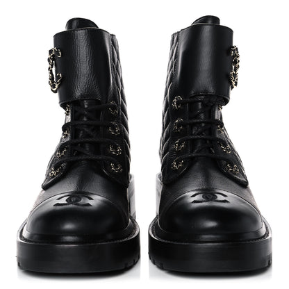 Chanel Shiny Goatskin Calfskin Quilted Lace Up Combat Boots 40 Black 4 of 20