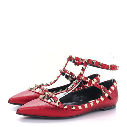 Valentino Garavani Metallic Pebbled Calfskin Rockstud Cage Ballerina Flats 38 Rosso Valentino 3 of 9