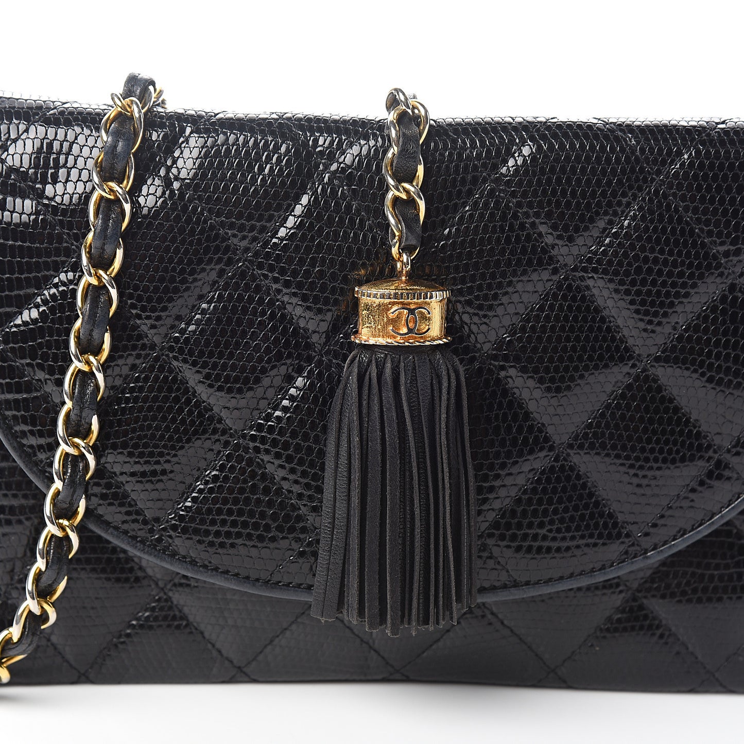 Lizard Quilted Tassel Single Flap Bag Black