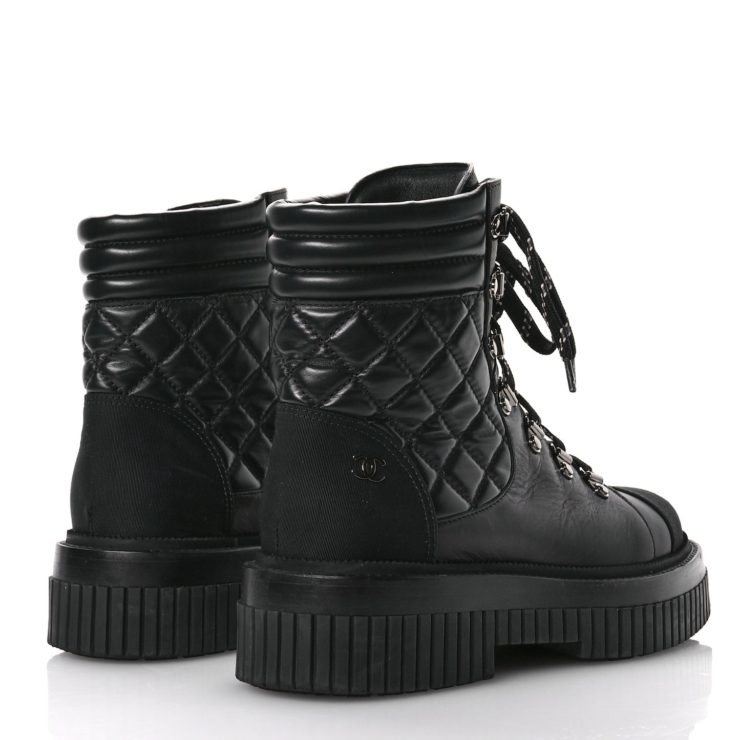 Calfskin Grosgrain Quilted Lace Up Boots 38 Black Grey