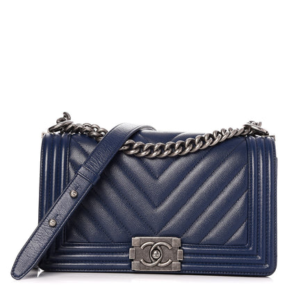 Chanel Caviar Chevron Quilted Medium Boy Flap Navy 1 of 7