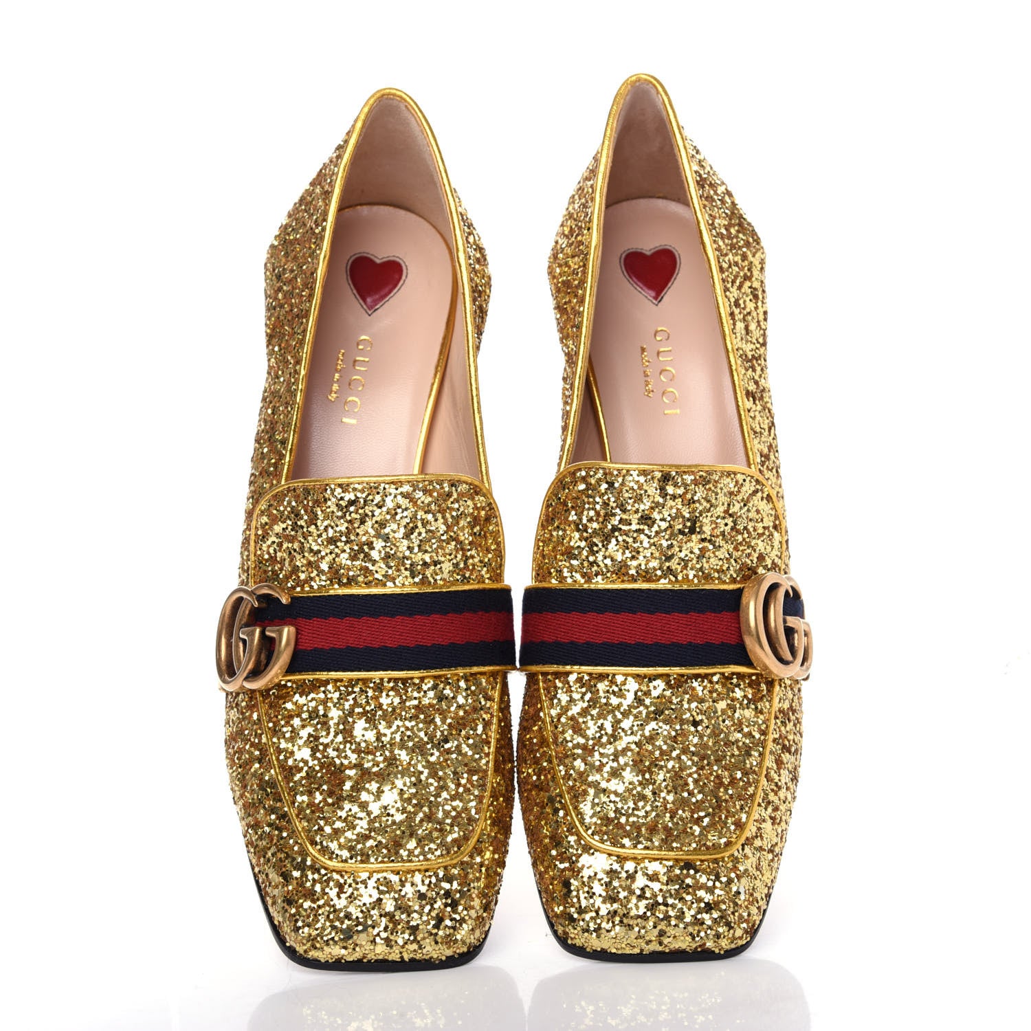 Gucci Glitter Nappa Web Peyton 75mm Loafer Pumps 39 Oro Vecchio 5 of 11