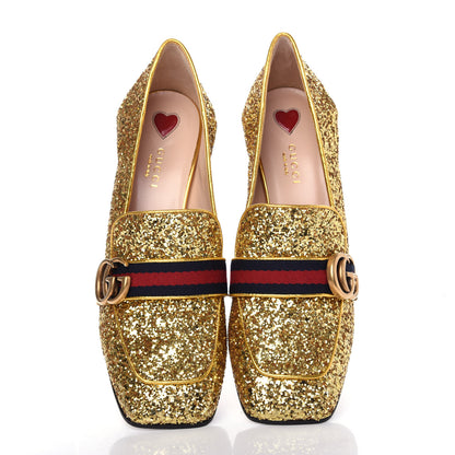 Gucci Glitter Nappa Web Peyton 75mm Loafer Pumps 39 Oro Vecchio 5 of 11