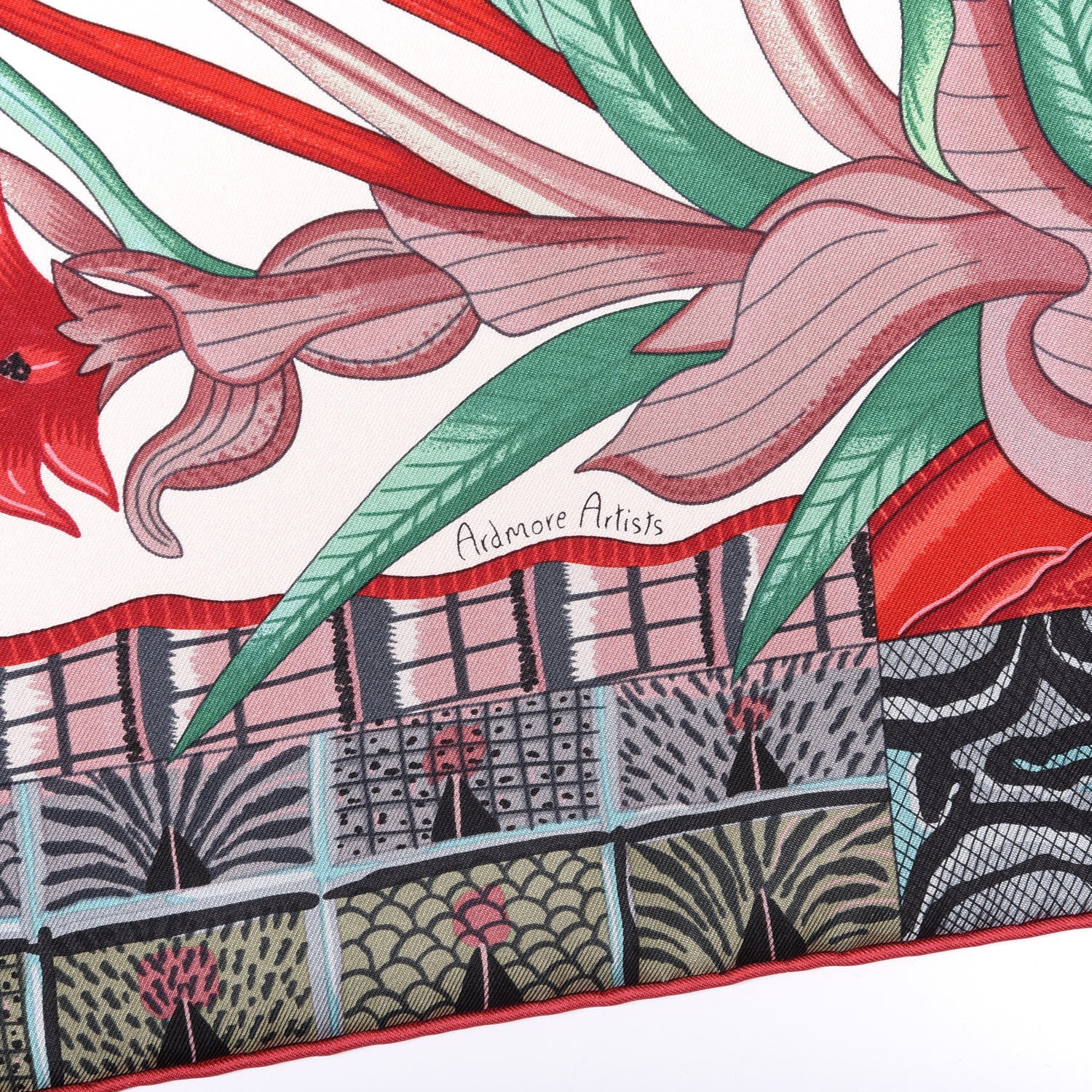 Hermes Silk La Marche Du Zambeze Scarf 90 Rose Pale Rouge Vert 2 of 6
