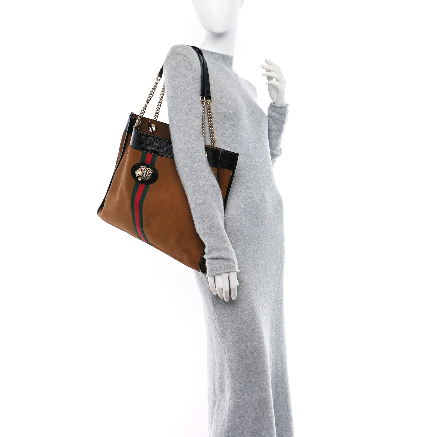Suede Patent Large Rajah Chain Tote Nocciola Black
