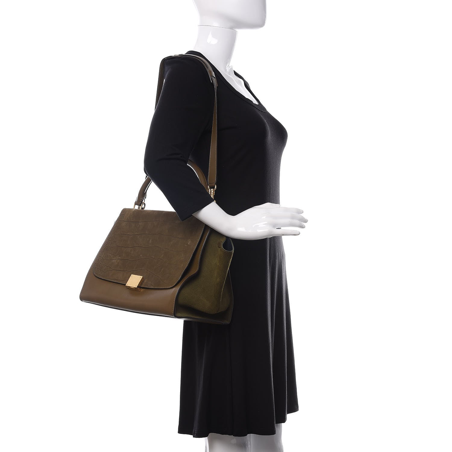 Celine Nubuck Crocodile Embossed Medium Trapeze Olive 3 of 13