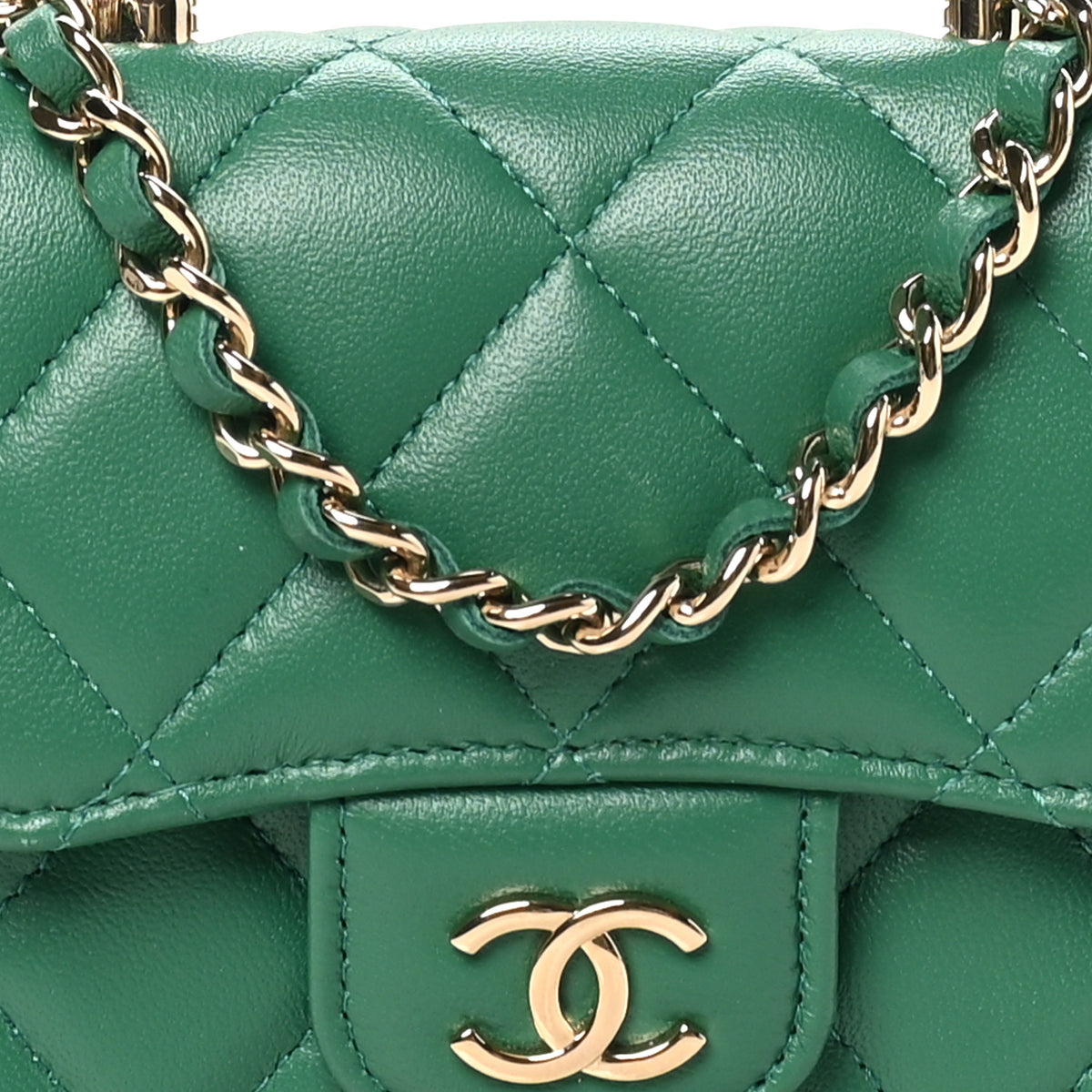 Lambskin Quilted Top Handle Flap Clutch With Chain Green