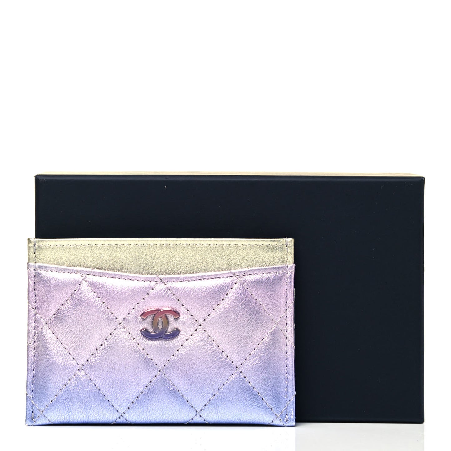 Gradient Metallic Calfskin Quilted Card Holder Silver Blue Yellow Purple