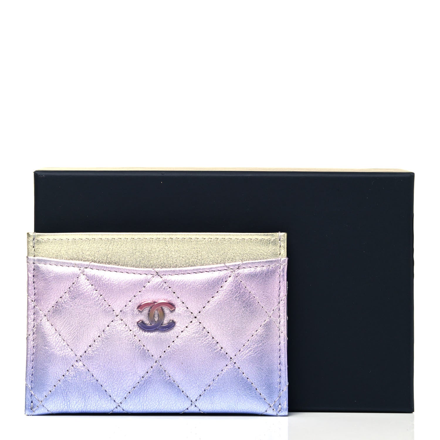 Chanel Gradient Metallic Calfskin Quilted Card Holder Silver Blue Yellow Purple 9 of 9