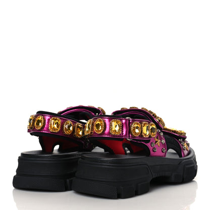Gucci Nappa Mesh Crystal Embellished Studded Womens Aguru Sandals 36.5 Pink Black 4 of 8