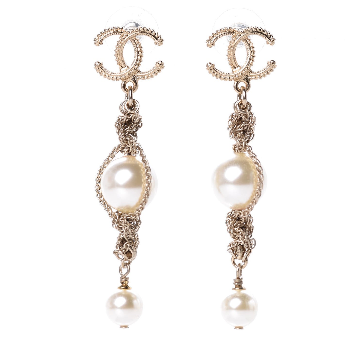 Chain Pearl CC Drop Earrings Light Gold