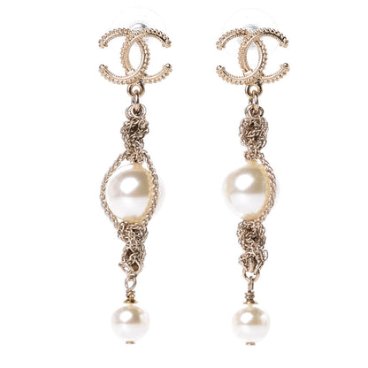 Chanel Chain Pearl CC Drop Earrings Light Gold 1 of 5