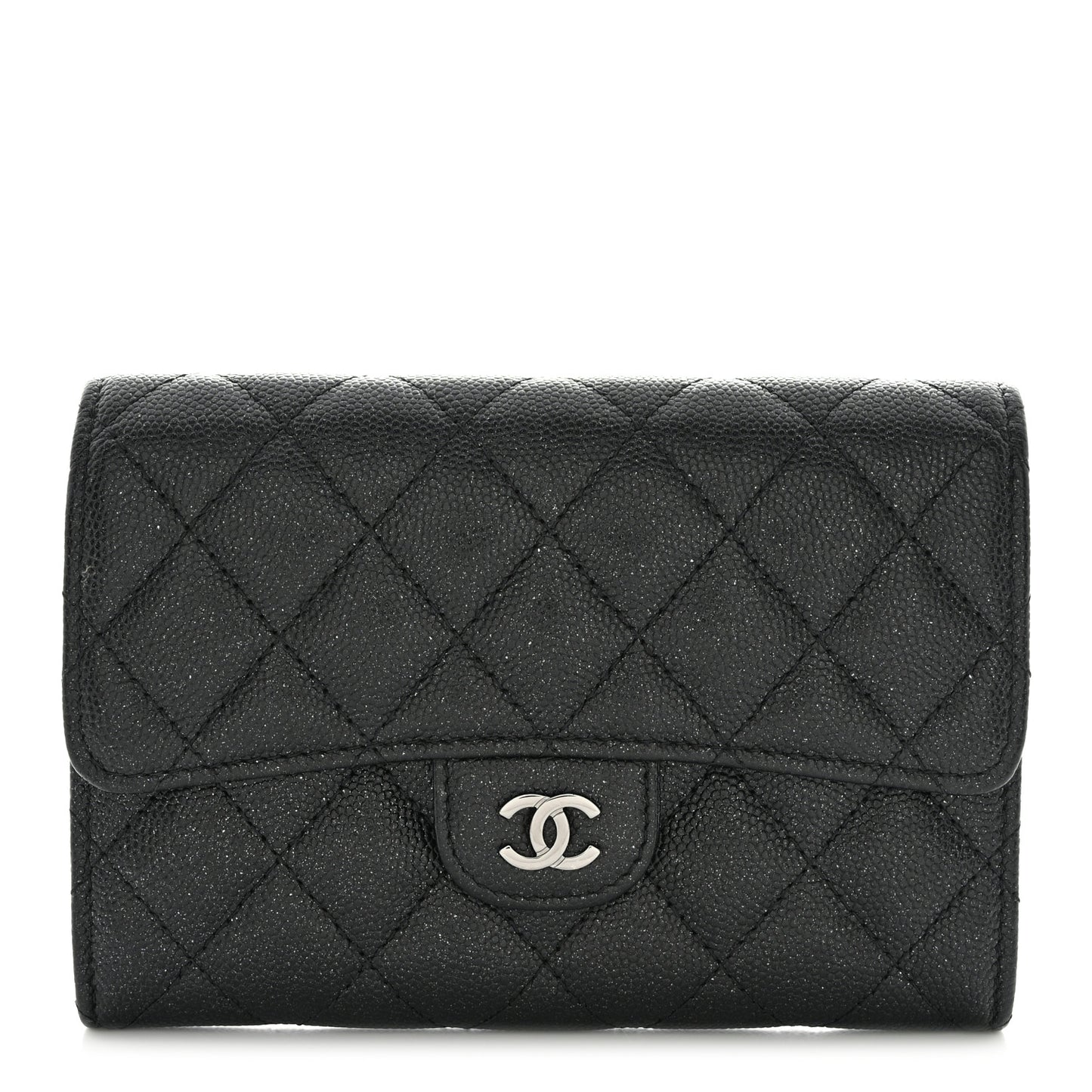 Iridescent Caviar Quilted Medium Flap Wallet Black