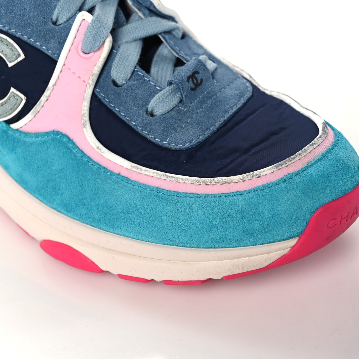 Nylon Calfskin Suede CC Sneakers 39.5 Navy Turquoise