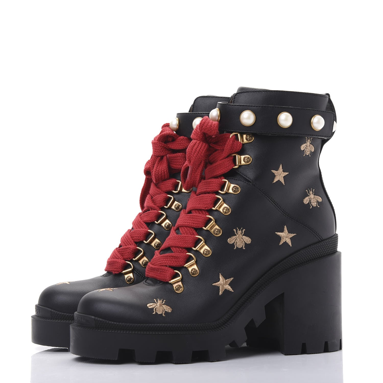 Gucci Calfskin Embroidered Lace Up Combat Ankle Boots 39.5 Black 2 of 11
