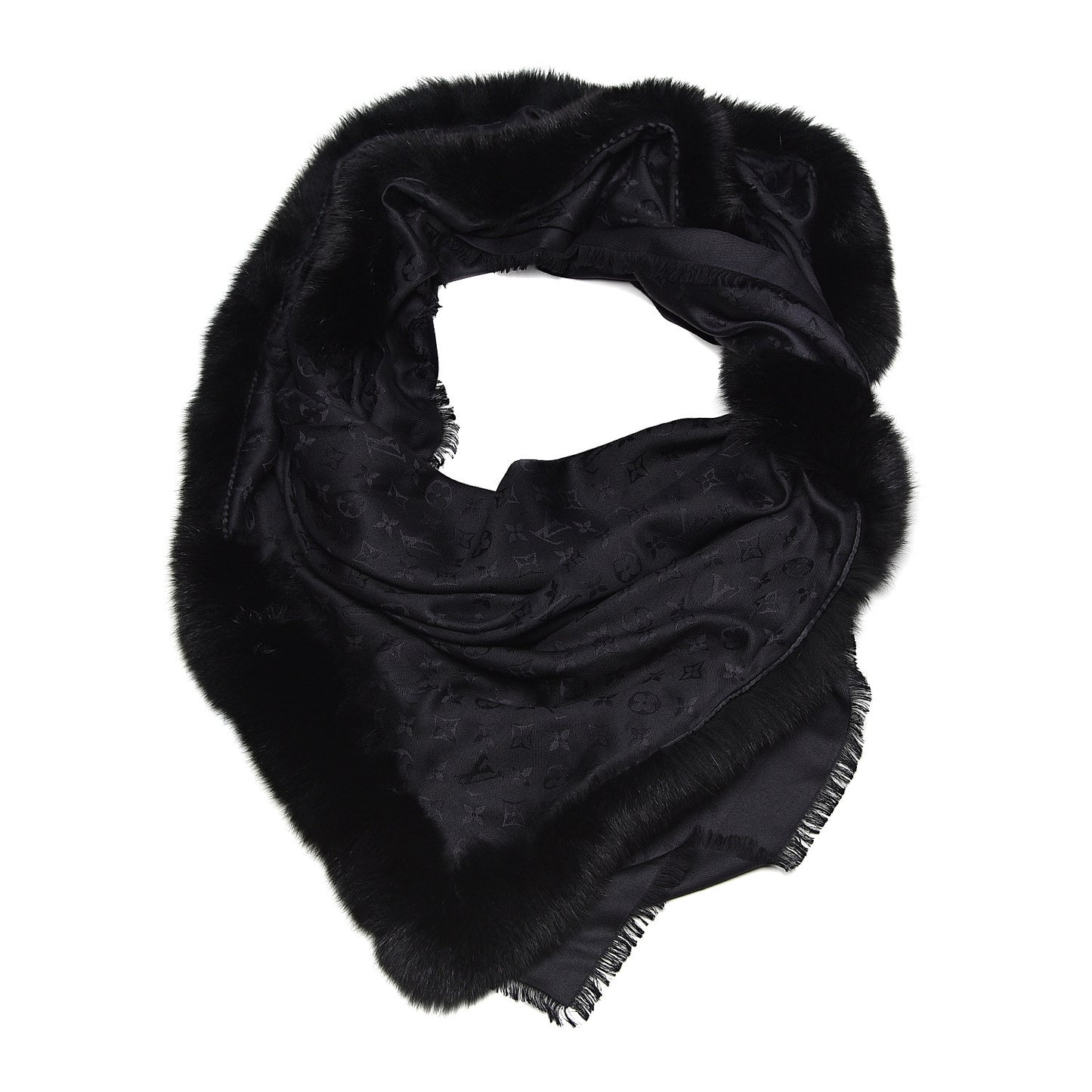 Silk Wool Monogram Fox V Fur Shawl Black