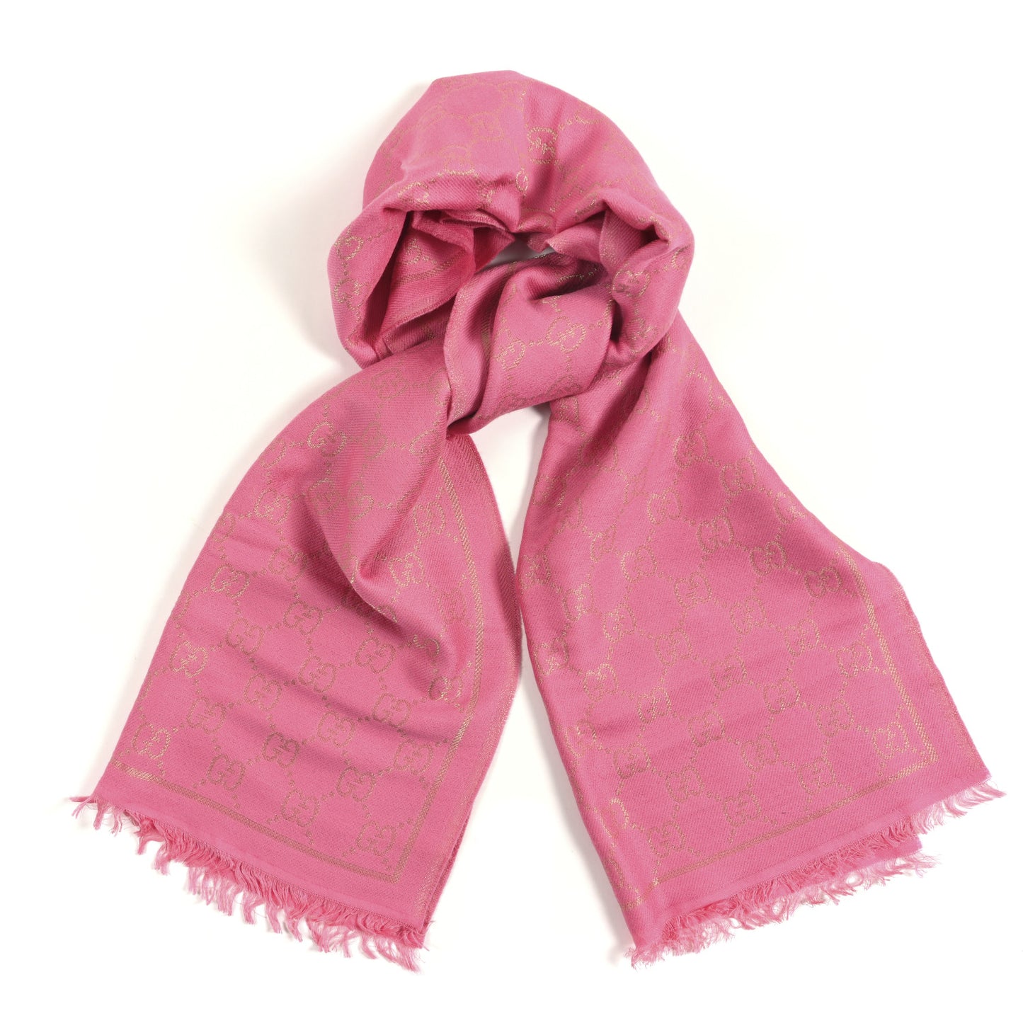 Wool Silk Lurex GG Monogram Bright G Fringe Scarf Fuxia