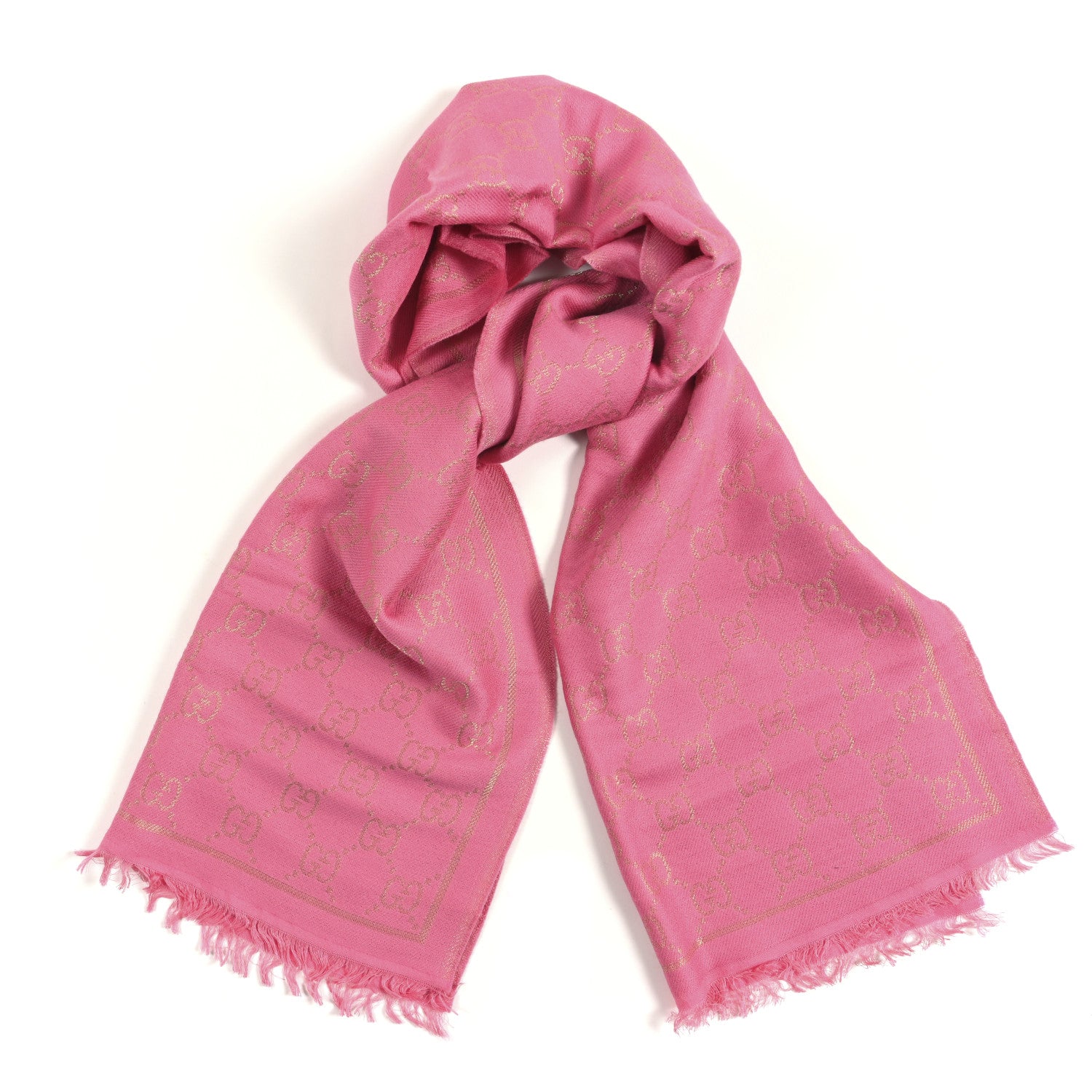 Gucci Wool Silk Lurex GG Monogram Bright G Fringe Scarf Fuxia 1 of 3