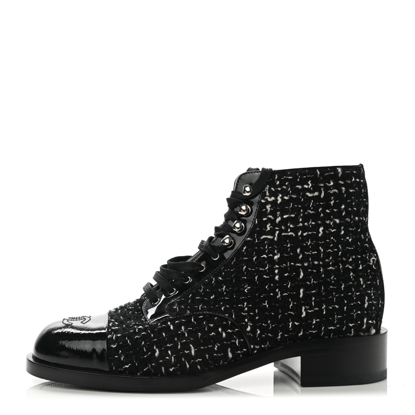Tweed Calfskin Patent CC Lace Up Boots 38 Black White