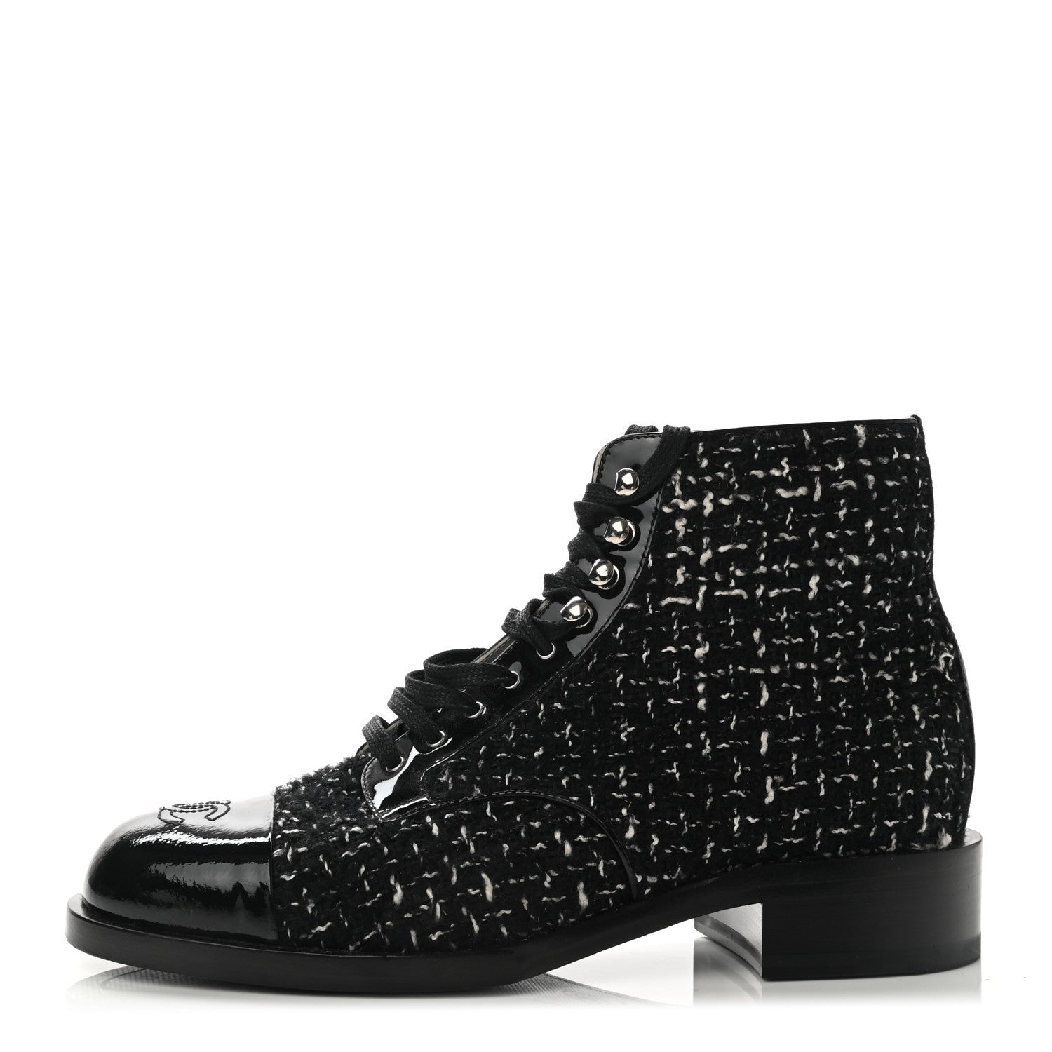 Chanel Tweed Calfskin Patent CC Lace Up Boots 38 Black White 1 of 8