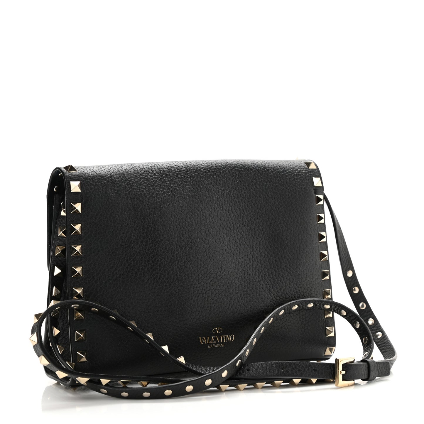Pebbled Calfskin Medium Rockstud Flip Lock Crossbody Bag Black