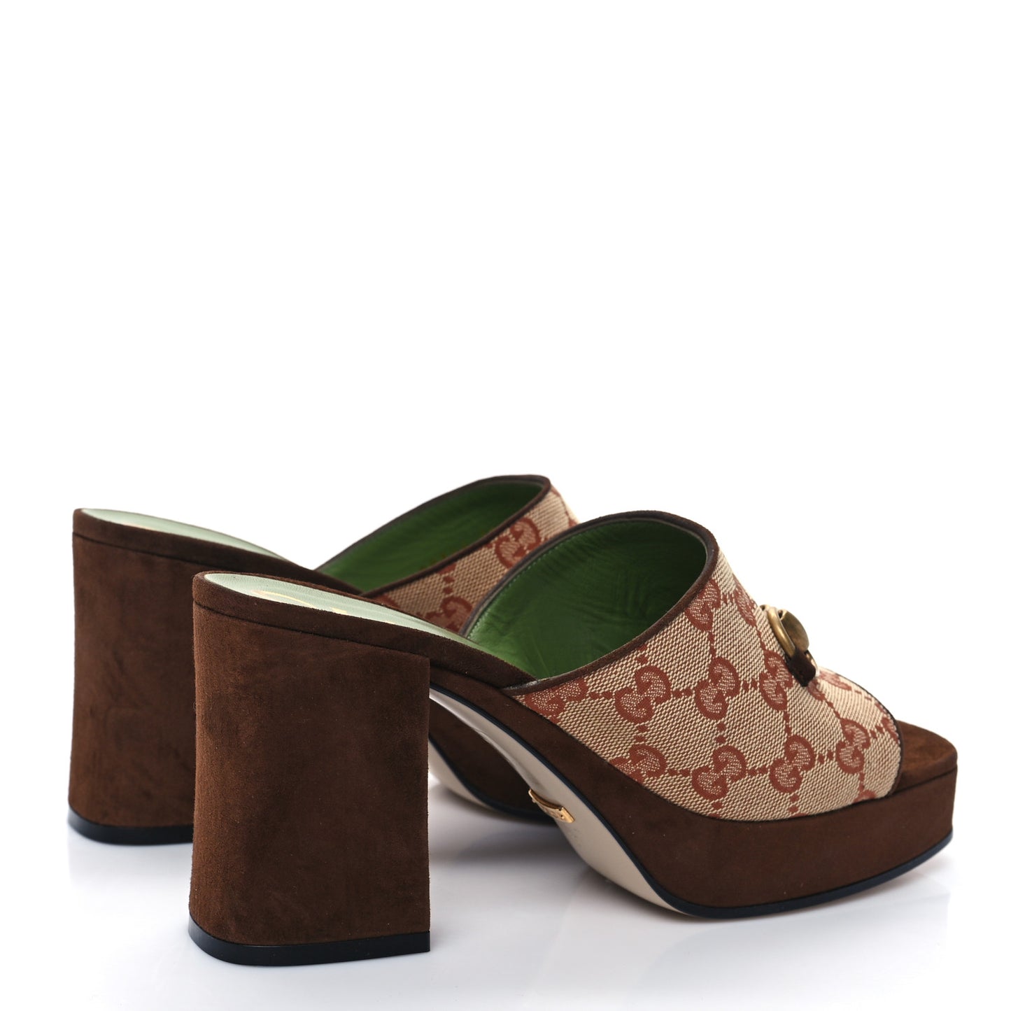GG Monogram Kid Scamosciato Houdan Mid Heel Platform Slide Sandals 37.5 Beige Ruggine Maroon