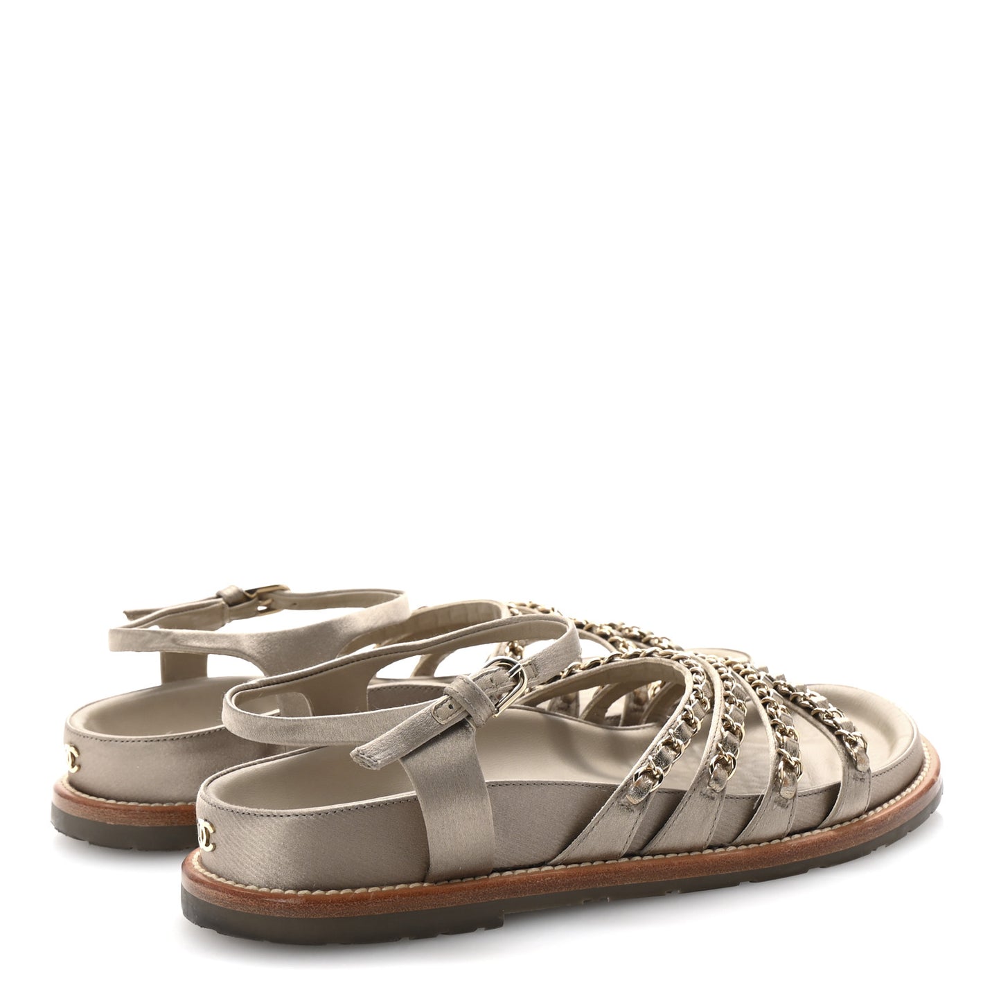 Satin Lambskin Chain Flat Sandals 37.5 Beige