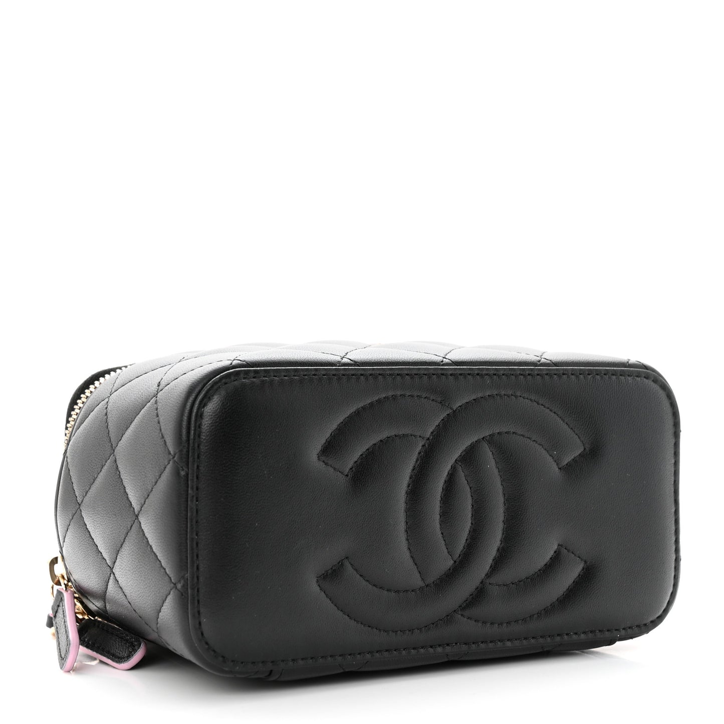 Lambskin Quilted Small Top Handle Vanity Case With Chain Black Lilac