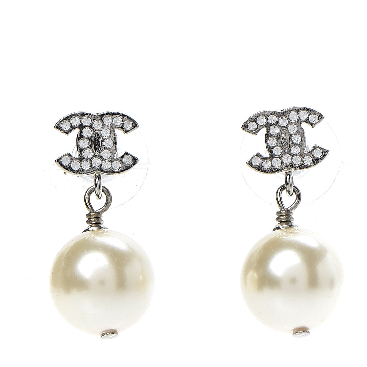 Crystal Pearl CC Drop Earrings Silver Pearly White