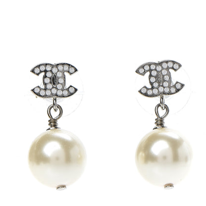 Chanel Crystal Pearl CC Drop Earrings Silver Pearly White 1 of 5