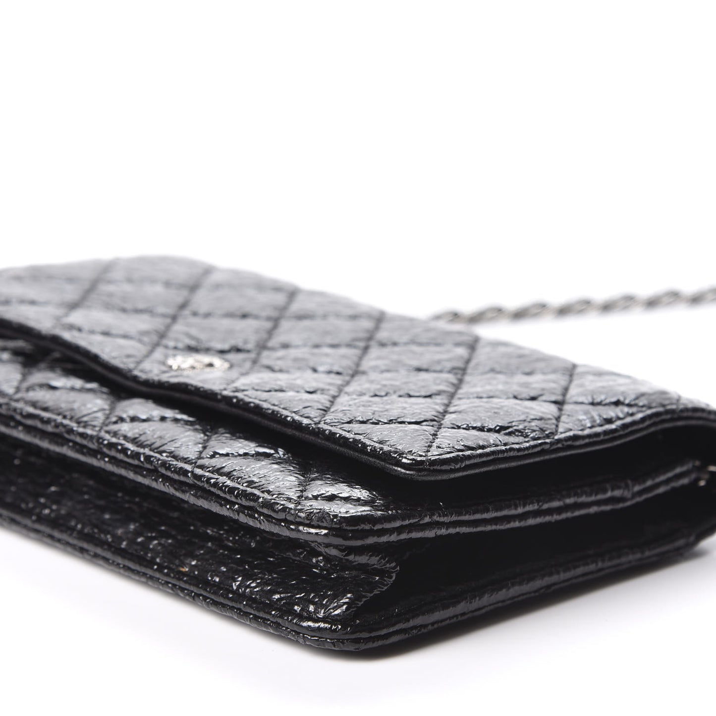 Distressed Patent Calfskin Quilted Wallet on Chain WOC Black