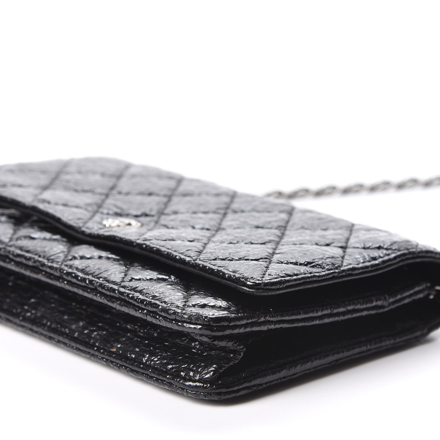 Chanel Distressed Patent Calfskin Quilted Wallet on Chain WOC Black 6 of 11