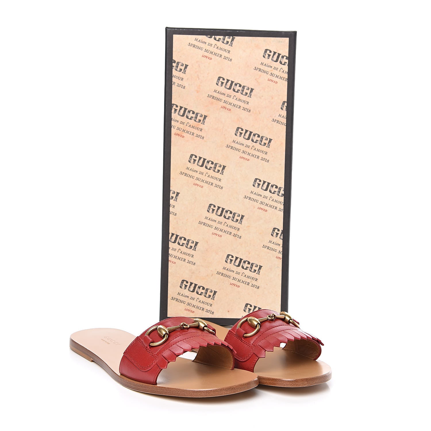 Gucci Malaga Kid Fringe Horsebit Slide Sandals 37.5 Hibiscus Red 9 of 9