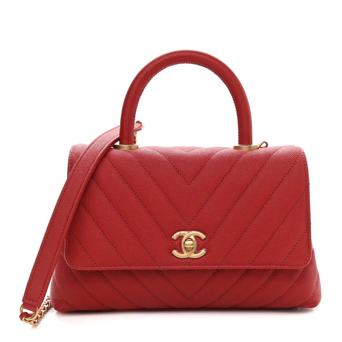 Caviar Chevron Quilted Mini Coco Handle Flap Red