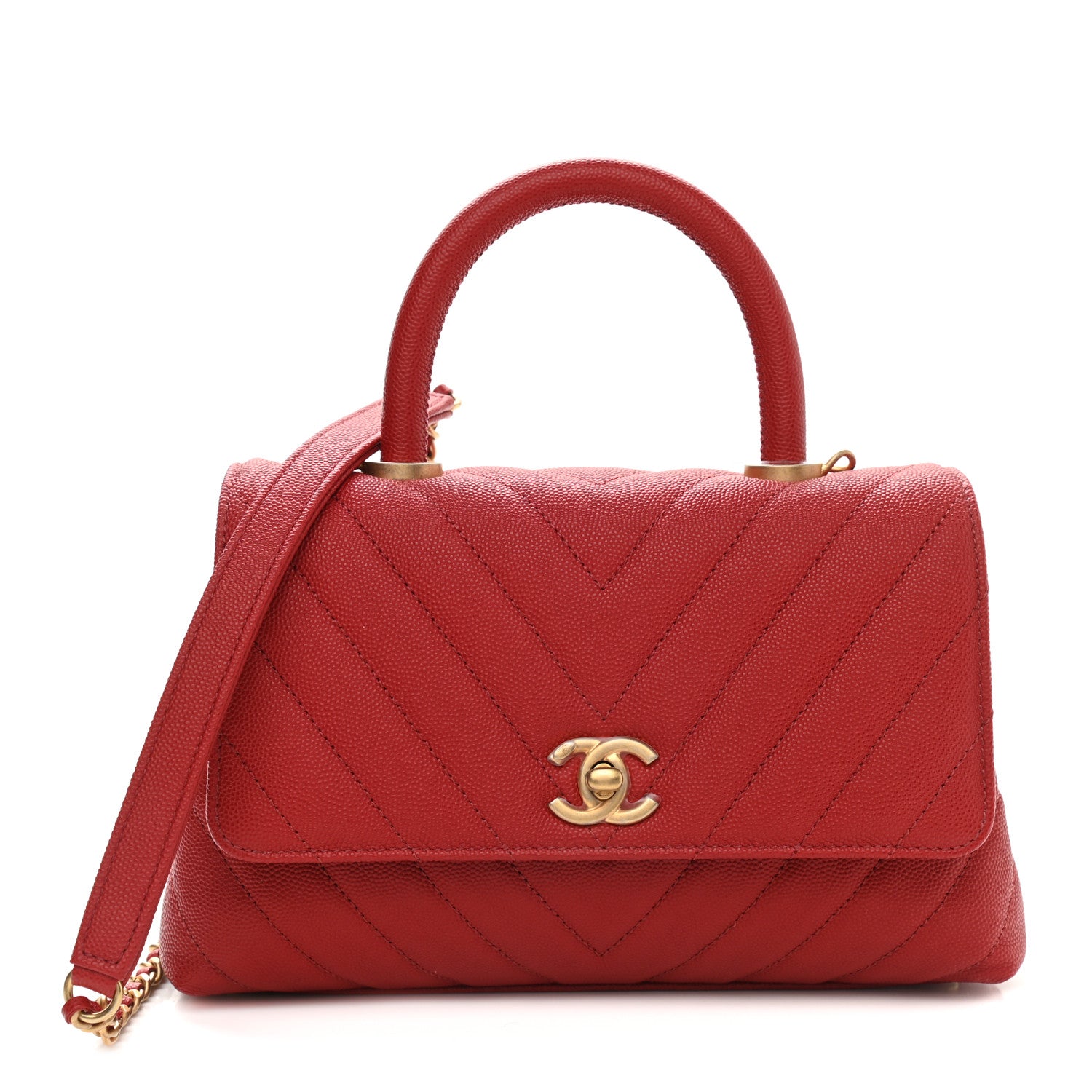 Chanel Caviar Chevron Quilted Mini Coco Handle Flap Red 1 of 9