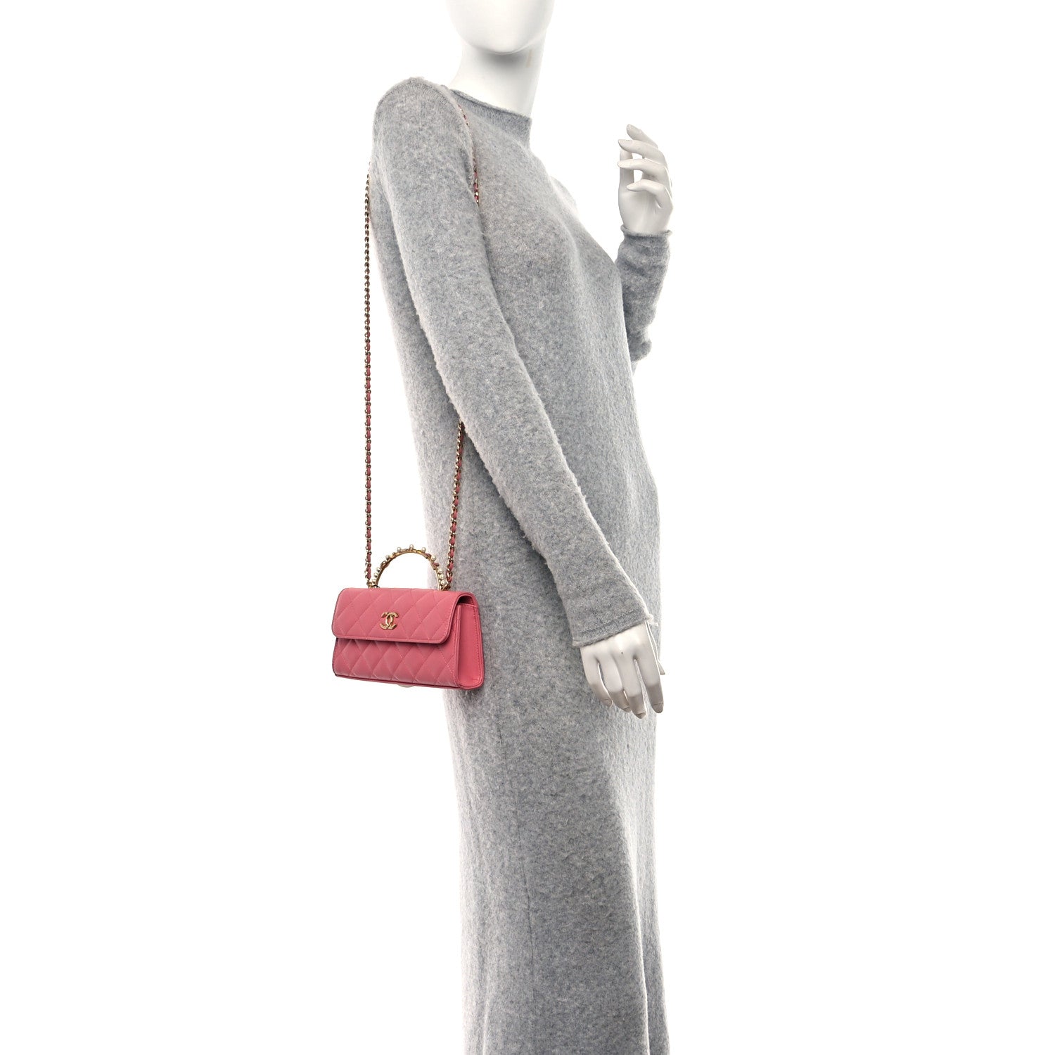 Chanel Lambskin Pearl Enamel Quilted Pearly Girl Handle Flap Phone Holder With Chain Pink 2 of 9