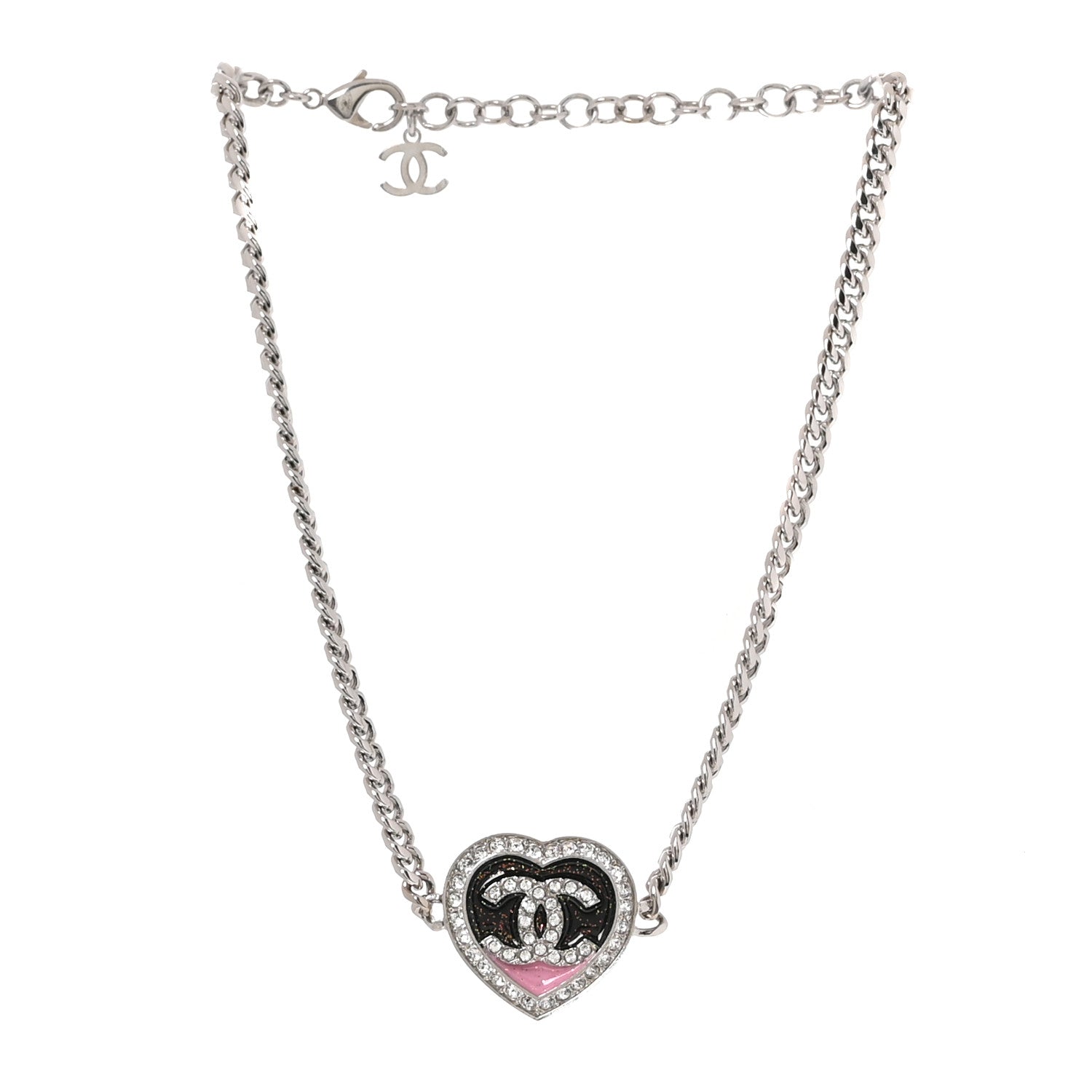 Chanel Resin Crystal Glitter CC Heart Choker Silver Black Pink 3 of 5
