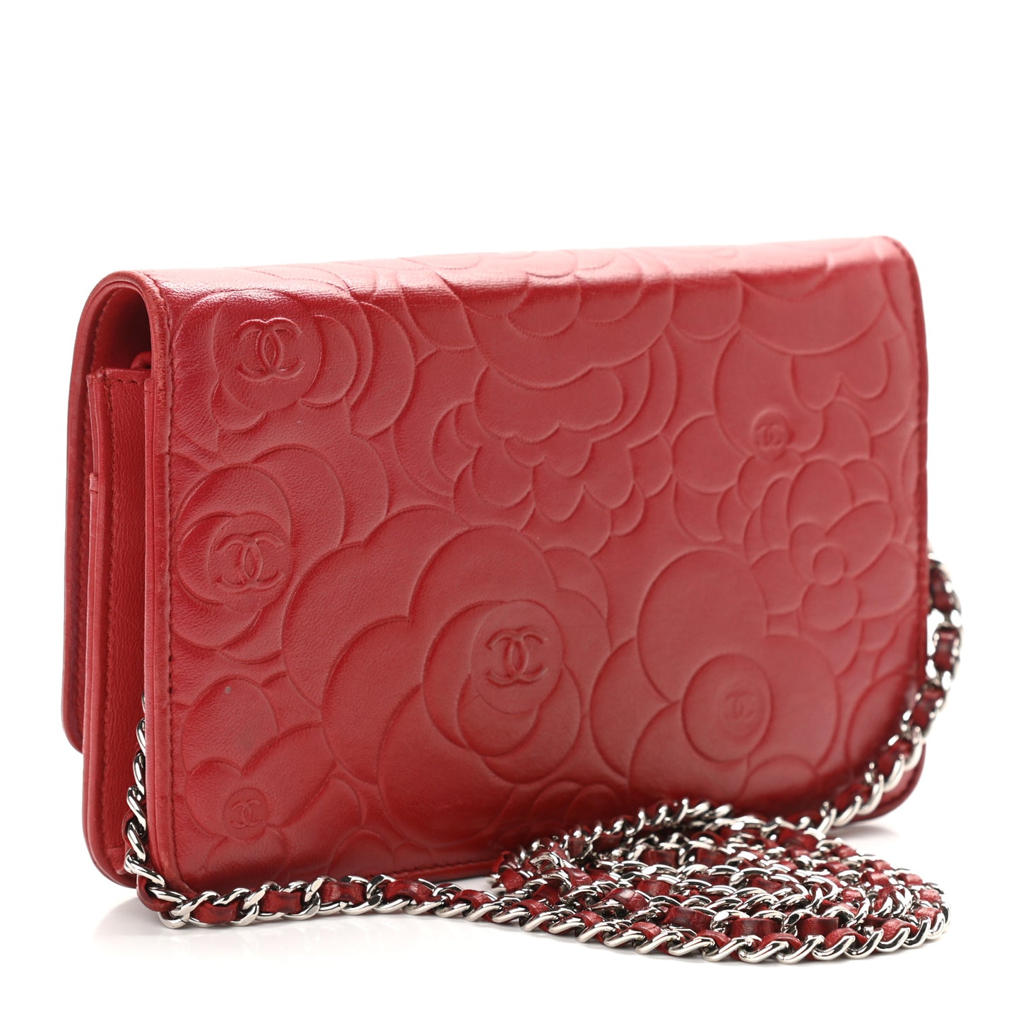 Lambskin Camellia Embossed Wallet On Chain WOC Red