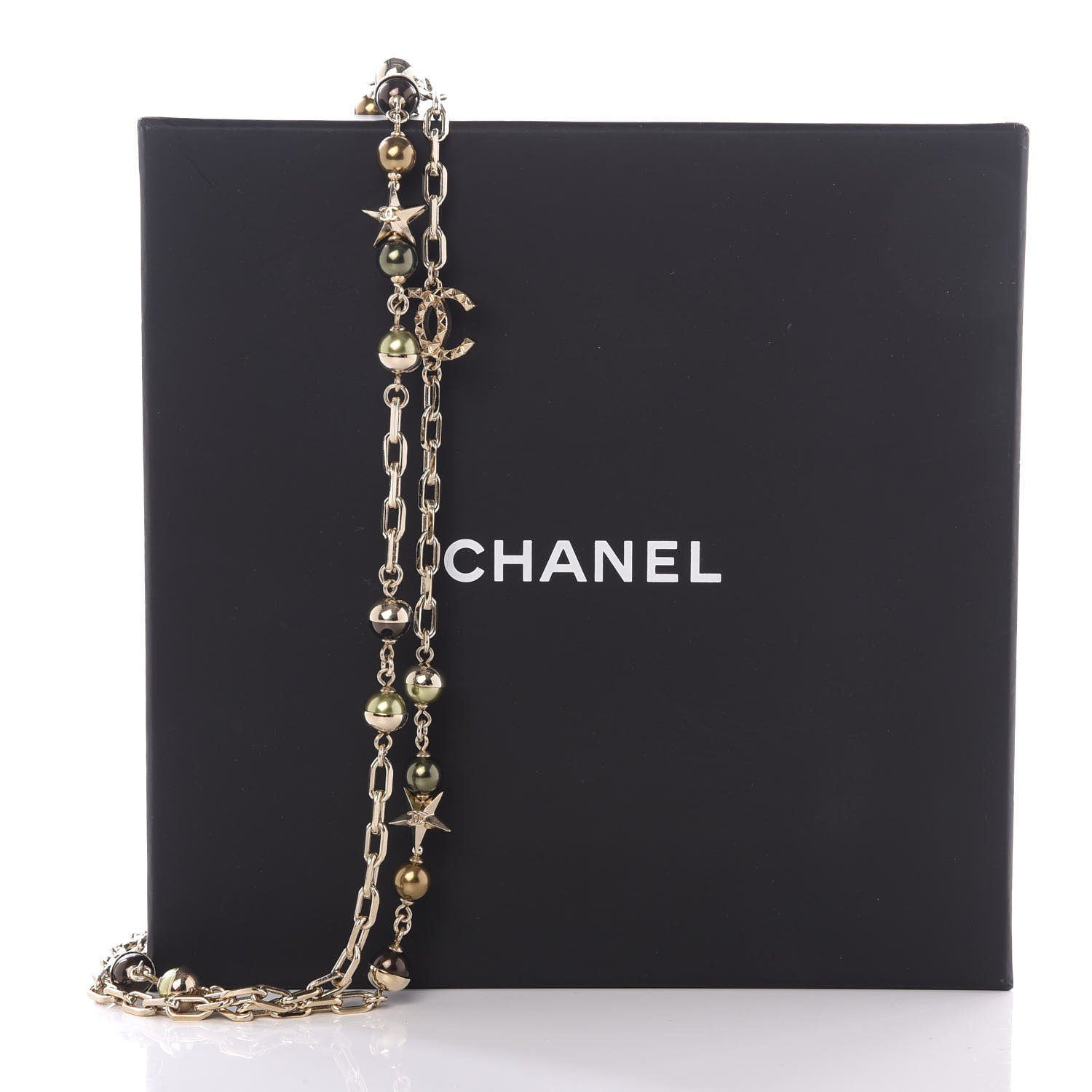 Chanel Beaded Star CC Long Necklace Green Gold 5 of 5