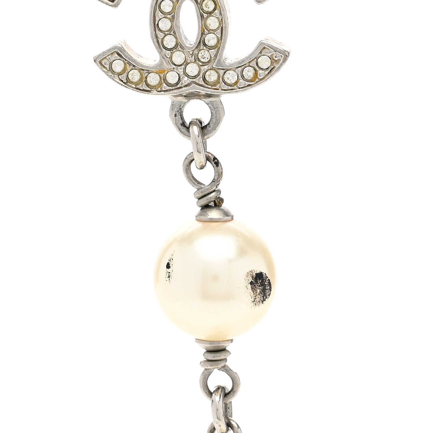 Chanel Graduated Pearl Crystal CC Long Necklace Silver 7 of 8