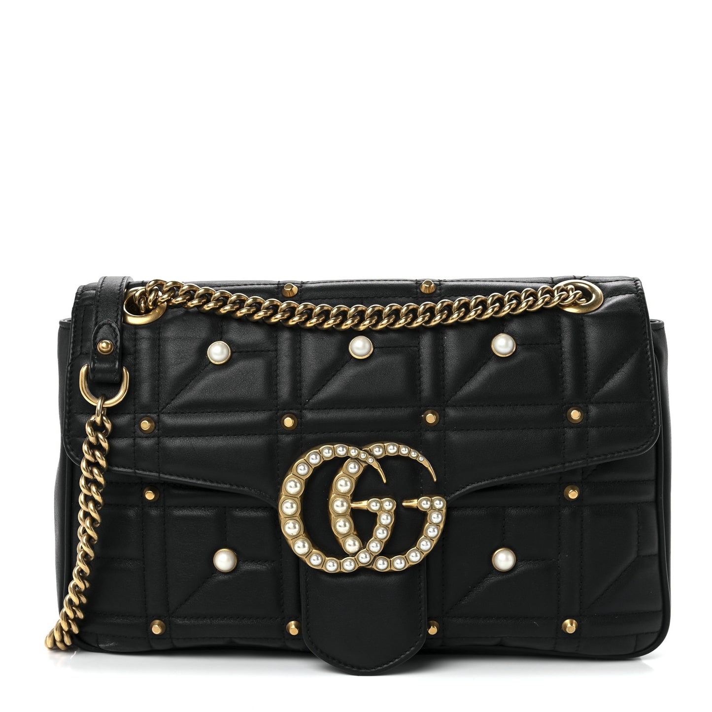 Calfskin Matelasse Studded Medium Pearly GG Marmont Shoulder Bag Black